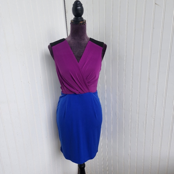 CALVIN KLEIN Sheath Dress Purple Black Blue Color Block Sleeveless Sletch Sz S - Picture 1 of 12